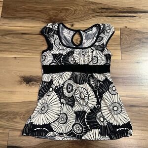 Vtg Wet Seal Top Sz L Black White Stretch Keyhole Y2K Babydoll Shirt Floral 90s